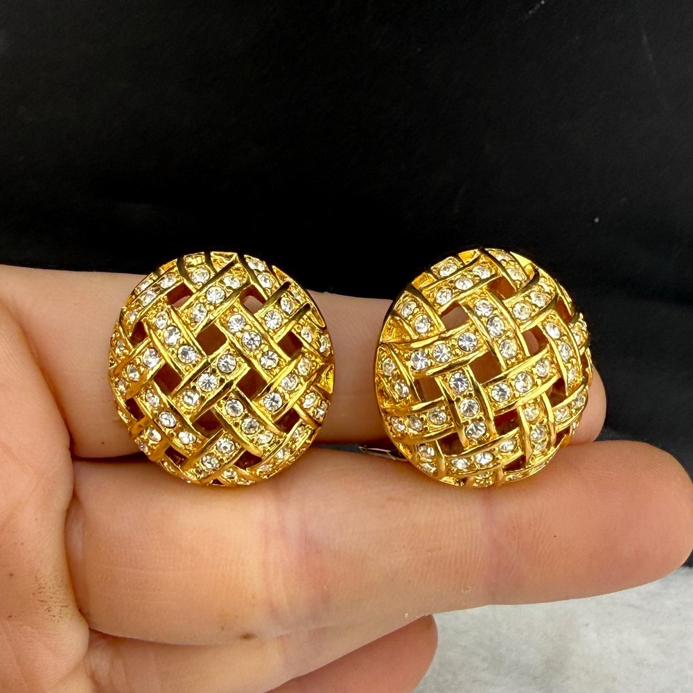 Vintage Swarovski Clip On Earrings Gold Tone Woven Lattice Crystal Round